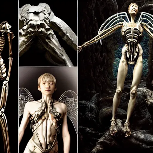 Image similar to still frame from Prometheus movie by Makoto Aida, biomechanical mantis angel archangel gynoid by giger, metal couture by neri oxmn and Guo pei, editorial by Malczewski and by Caravaggio