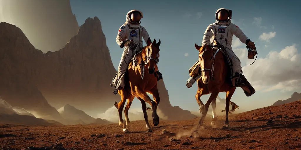 Image similar to american astronaut, riding a horse in socotra island, plants environment, wide angle, cinematic lighting, atmospheric, realistic, octane render, highly detailed, color graded, in the style of craig mullins