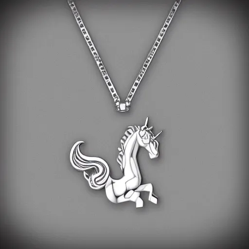 Image similar to a lovely silver cartoon unicorn necklace pendant, 3 d rendering, pandora style, tiffany style, swarovski style, van cleef & arpels style, cartier style, boucheron style, bulgari style, chaumet style, elegant, noble, stylish