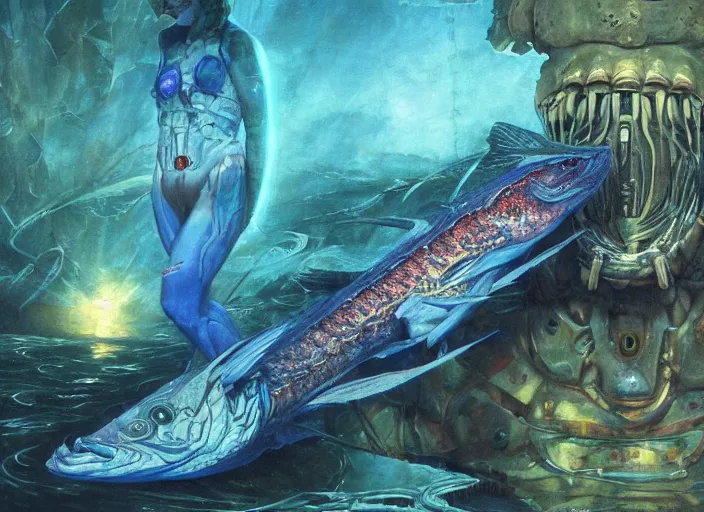 Image similar to pike fish with glowing head, neural cybernetic interface, glowing veins subsurface scattering, deep sea underwater photography, by gerald brom, by mikhail vrubel, by peter elson, muted colors, extreme detail, trending on artstation, 8 k