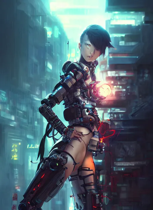 Image similar to cool cyberpunk cyborg samurai girl, battle pose, laser guns, extremely beautiful, detailed portrait, intricate light complexity, concept art by krenz cushart, kyoto animation, wlop. 4 k, beautiful, cinematic dramatic atmosphere, sharp focus, perfect lightning