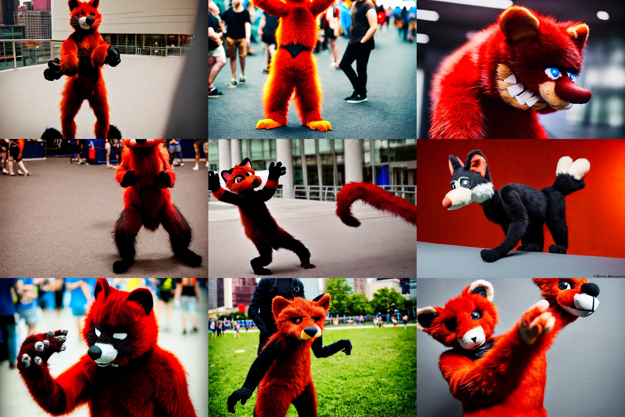 Prompt: photo of a fursuiter posing | | fullbody photoshoot photo portrait of a cute roguish male red - black furred weasel furry fursuiter ( tail attached ), key visual, taken at anthrocon ( furry convention )