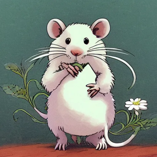 Image similar to white rat holding a flower cinematic composition, studio ghibli, cute