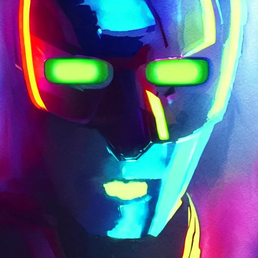 Image similar to technicolor cyber hacker, watercolor, 2077, neon, artstation