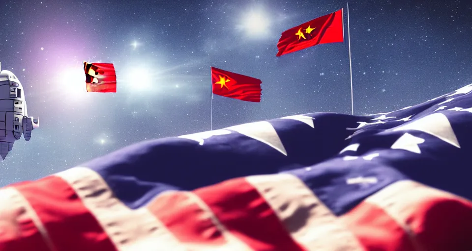 Image similar to space war between china and usa, desaturated, moebius, usa flag on a spaceship, china flag on a spaceship, complementing colors, maschinen krieger, beeple, film, atmospheric perspective