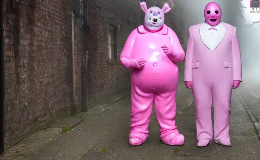 Image similar to mr blobby and noel edmonds waiting for you in a dark alleyway at night, creepy, foggy, silent hill