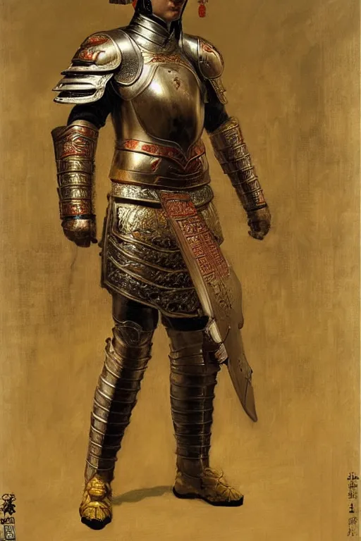 Image similar to male wearing armor, ancient tang dynasty, painting by gaston bussiere, craig mullins, j. c. leyendecker, tom of finland