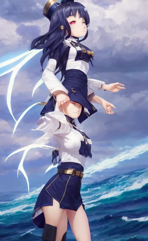 Image similar to highly detailed, character art, octane, stunning, realistic lightning, realistic ocean, characters from azur lane, matte, sharp focus, intricate, 150mm, illustration, artstation, art by akio watanabe and greg rutkowski, realistic anatomy, smooth, female sailor uniforms, explosions