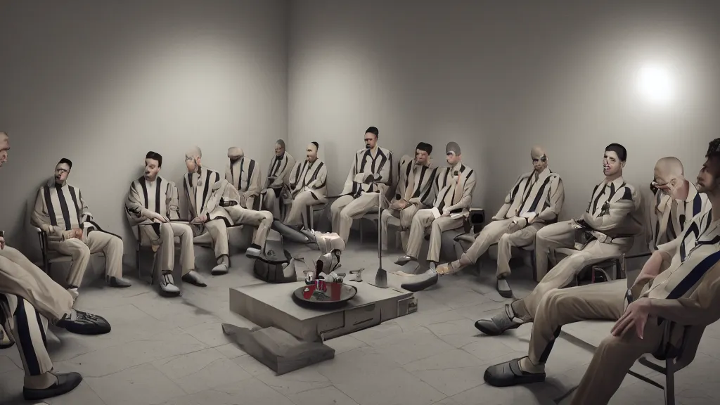 Prompt: inmates in striped suits sitting around a television bolted to the wall, rule of thirds, rendered in octane, rendered in Corona, rendered in vray, rendered in Arnold, insanely detailed, photorealistic, cinematic, global illumination, no grain