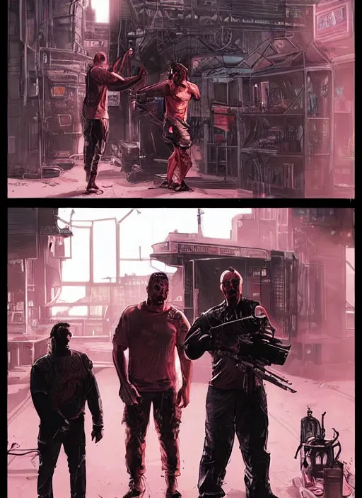 Image similar to Dumb Bubba. Buff cyberpunk meathead getting punched. Realistic Proportions. Concept art by James Gurney and Laurie Greasley. Moody Industrial setting. ArtstationHQ. Creative character design for cyberpunk 2077.