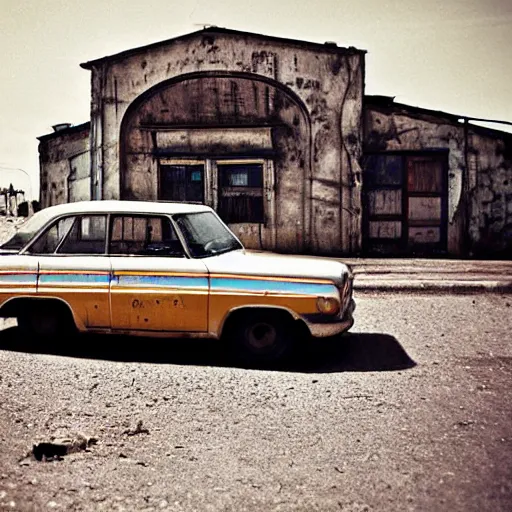 Image similar to low angle photo car in soviet town in mid day by william egglestone, bokeh