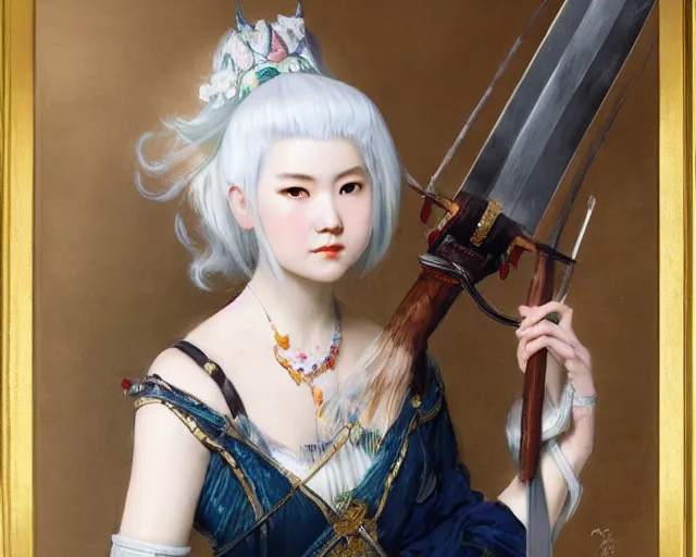 Image similar to a young japanese princess lady with white hair and bangs!!!!, posing with a sword, white hair highly detailed painting by gaston bussiere, craig mullins, j. c. leyendecker 8 k