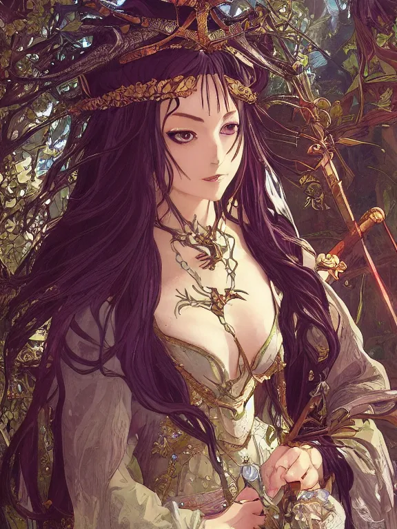 Image similar to anime key visual closeup of amora the enchantress wearing a medieval gown!! intricate, magical forest, stunning, highly detailed, digital painting, artstation, smooth, hard focus, illustration, art by artgerm and greg rutkowski and alphonse mucha