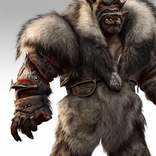 Image similar to A full body shot of a handsome orc looking into the camera wearing a fur jacket and boots, full body shot, artstation, realistic, highly detailed, symmetrical, hyper realism, high detail, octane render, unreal engine, 8k, fantasy art, intricate, highly detailed, concept art