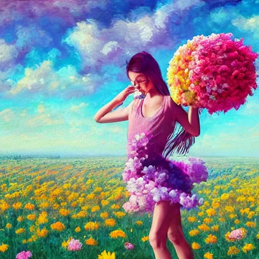 Image similar to head made of giant flowers, girl dancing barefoot in a vast flower field, arms behind back, surreal photography, sunrise dramatic light, impressionist painting, colorful clouds, large sky, digital painting, artstation, simon stalenhag, flower face