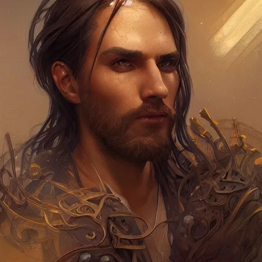 Image similar to portrait of a male necromancer, D&D, fantasy, intricate, elegant, highly detailed, digital painting, artstation, concept art, smooth, sharp focus, illustration, art by artgerm and greg rutkowski and alphonse mucha