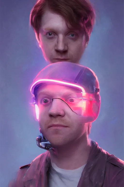 Image similar to portrait of Rupert Grint as Ron Wisly with visor in cyberpunk, neon lighting, night city, digital art from artstation by Ruan Jia and Mandy Jurgens and Artgerm and william-adolphe bouguereau and Greg Rutkowski