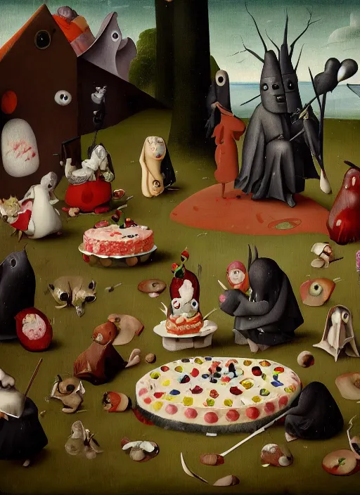 Image similar to fnafs eating cakes painted by hieronymous bosch, detailed digital art, trending on Artstation