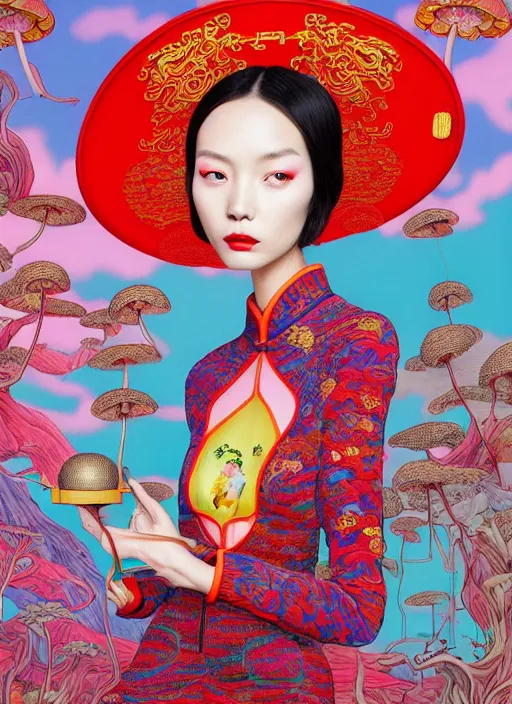 Image similar to pretty chinese model with hallucination mushroom : : by martine johanna and simon stalenhag and chie yoshii and casey weldon and wlop : : ornate, dynamic, particulate, rich colors, intricate, elegant, highly detailed, centered, vogue, harper's bazaar art, fashion magazine, smooth, sharp focus, octane render, 8 k