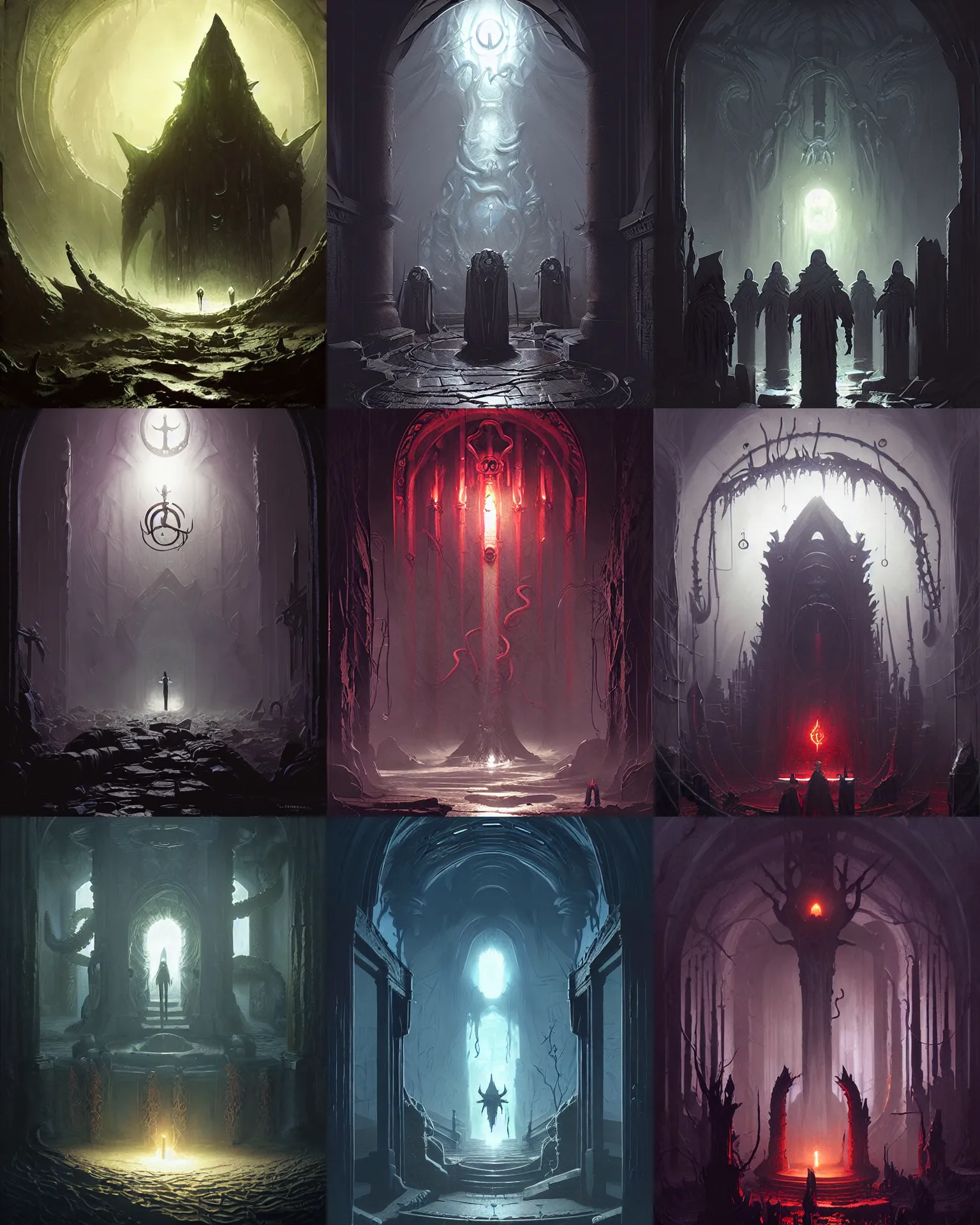 Prompt: cultist circle open portal to world of ancient gods, dnd fantsay art, arkham horror, evil fluid, tentacles, creepy, by greg rutkowski