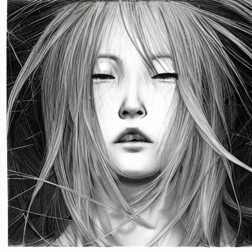 Image similar to Yoshitaka Amano realistic illustration of an anime girl with white hair and cracks on her face wearing dress suit with tie fluttering in the wind, abstract black and white patterns on the background, noisy film grain effect, highly detailed, Renaissance oil painting, weird portrait angle