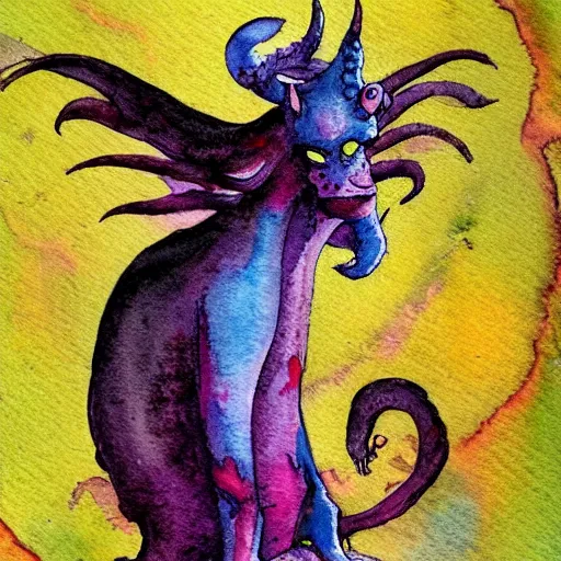 Image similar to whimsical watercolor painting of a demon, in the style of a. a. milne