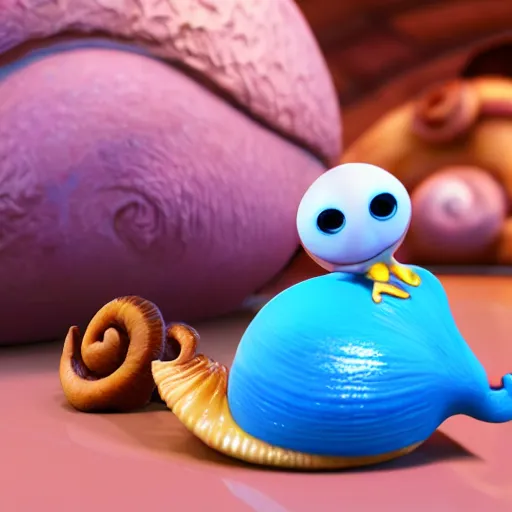 Image similar to cute cartoon snail with a cinnamon roll shell, still from pixar movie, disney 3 d, 8 k, octane render