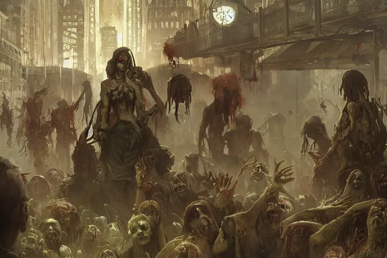 Prompt: painting of zombie apocalypse in subway, ultra realistic, concept art, intricate details, eerie, highly detailed, photorealistic, octane render, 8 k, unreal engine. art by artgerm and greg rutkowski and alphonse mucha