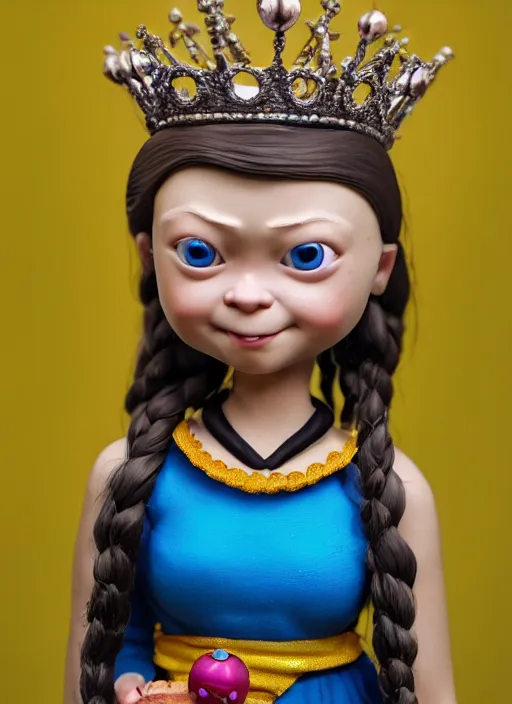 Image similar to closeup face profile portrait of tin toy greta thunberg as a fairytale goth princess wearing a crown eating cakes, bikini, depth of field, zeiss lens, detailed, symmetrical, centered, fashion photoshoot, by nicoletta ceccoli, mark ryden, lostfish, breathtaking, 8 k resolution, extremely detailed, beautiful, establishing shot, artistic, hyperrealistic, octane render