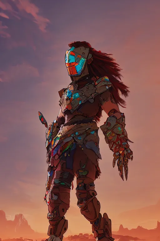 Image similar to combination suit armor aloy horizon forbidden west horizon zero dawn radiating a glowing aura global illumination ray tracing hdr fanart arstation by ian pesty and alena aenami artworks in 4 k tribal robot ninja mask helmet backpack