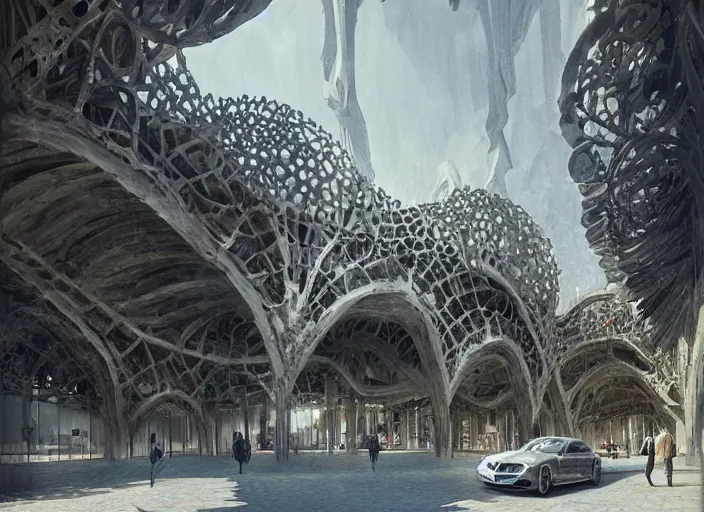 Prompt: mercedes exhibition center exterior designed by antoni gaudi, and concept art by greg rutkowski