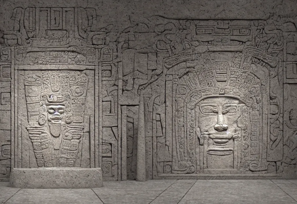 Prompt: a mayan temple interior with symmetric recogniseable giant face portrait of a mayan god-emperor in the center Carved in stone relief style behind an ancient altair of sacrafice. 3d render. Unreal engine 5. CGsociety, artstatio, deviantart. Realistic. Well Detailed. Torch light. Omnious, intricate. By luminokaya inspired by H.r. giger painting influenced by alien reliefs