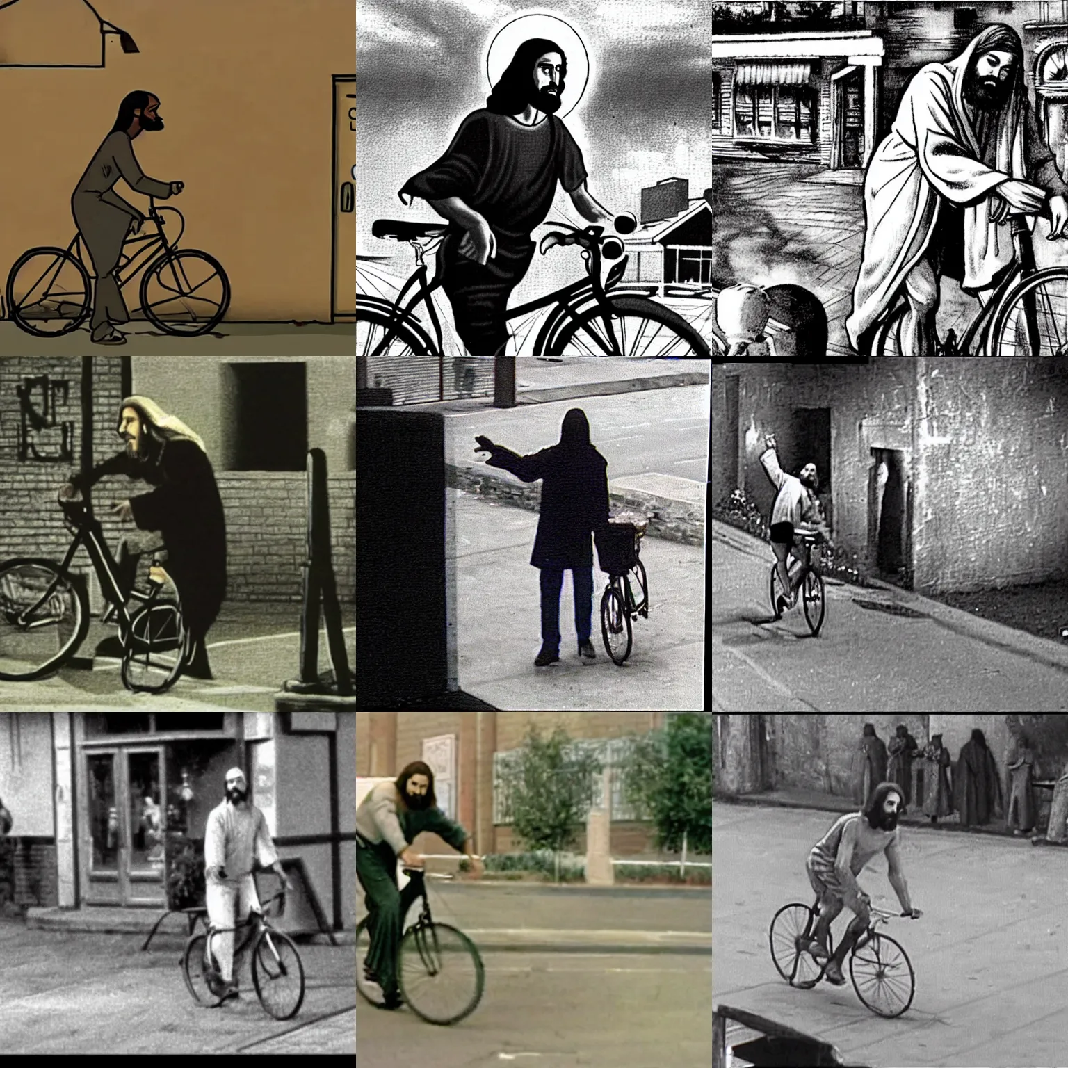 Prompt: cctv footage of jesus stealing a bicycle