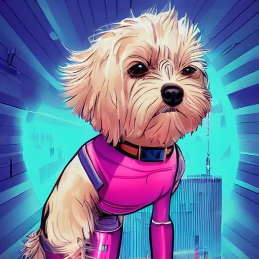 Image similar to cream colored havanese dog dressed as a super hero, tight shot, futuristic city, daytime, bright colors, highly coherent, saga comic, graphic novel, fiona staples