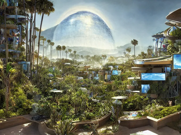 Image similar to an imax view of a eco - friendly solarpunk habitat in a futuristic oceanside suburb of san francisco california, art by alejandro burdisio and federico pelat and paolo soleri, hyperrealism