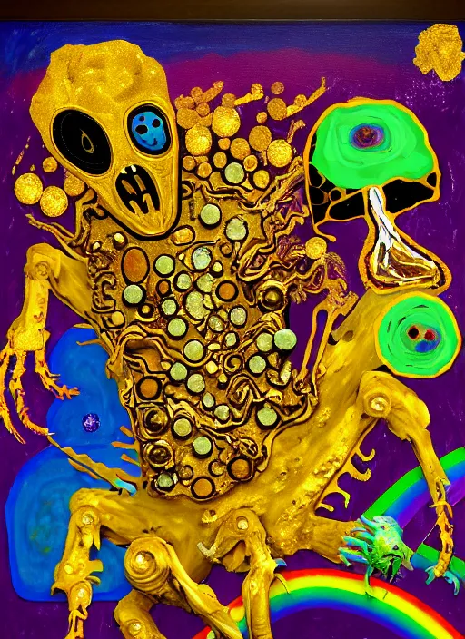 Image similar to expressionistic decollage painting golden armor alien zombie ghost rider in medical mask on a translucent bone maggot dragon broken rainbow diamond horse in a meadow with colorful mushrooms and golden foil toad blobs in a golden sunset painted by adrian ghenie, francis bacon, daniel richter and hilma af klint, pixel art, buff painting, color field painting, low effort graffiti, rich deep colors, semi naive, cy twombly painting, part by Philip Guston and Frank Stella art by Rothko, 8k, extreme detail, intricate detail, masterpiece