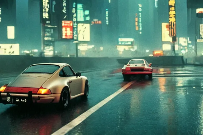 Prompt: a single 1 4 8 0 porsche 9 1 1, racing down tokyo highway in the rain, movie still from bladerunner