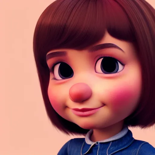 Image similar to A portrait of a plump woman, a cute 3d cgi toon woman with brown hair in a Bob, brown eyes, full face, olive skin, romanian heritage, medium shot, mid-shot, hyperdetailed, 8k, trending on artstation, as a Pixar character