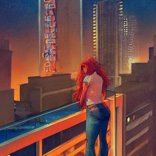 Image similar to a beautiful artwork of a woman with red hair in jeans and a white shirt smoking on the balcony of a hotel at night, top view, neon and rainy theme atmosphere by Jerome Opeña, featured on artstation