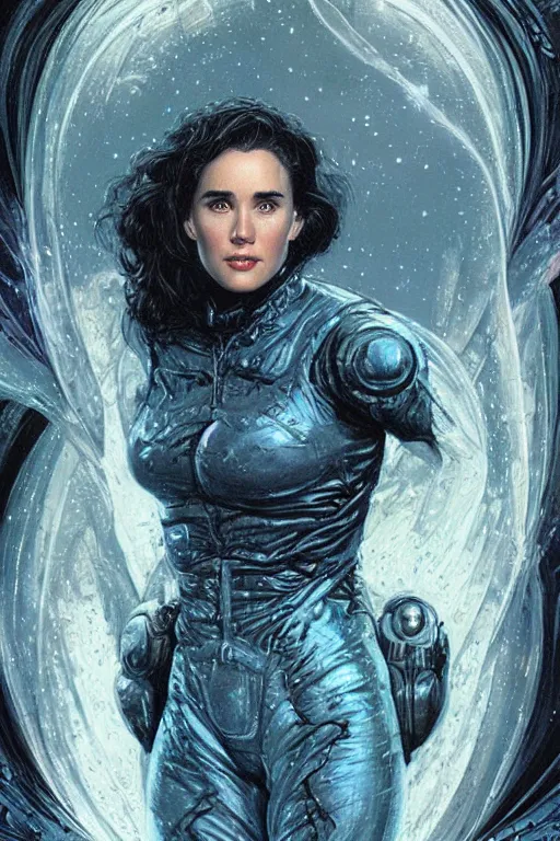 Image similar to young Jennifer Connelly as a ruggedly beautiful retro SCI-FI space heroine 1985 , movie poster, intricate, elegant, highly detailed, centered, digital painting, artstation, concept art, smooth, sharp focus, illustration, art by artgerm and donato giancola and Joseph Christian Leyendecker, Ross Tran, WLOP