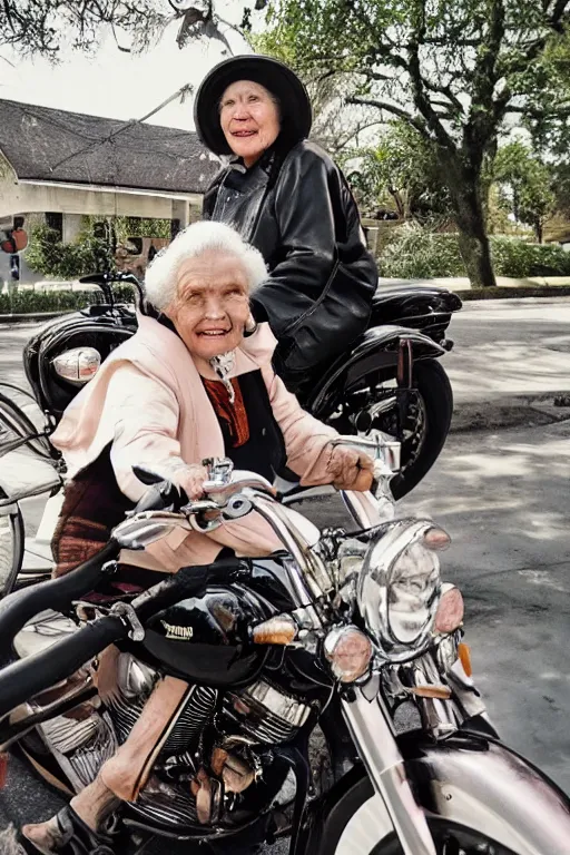 Prompt: a beautiful portrait photo of old grandmother riding on a Harley Davidson bike, cinematic masterpiece