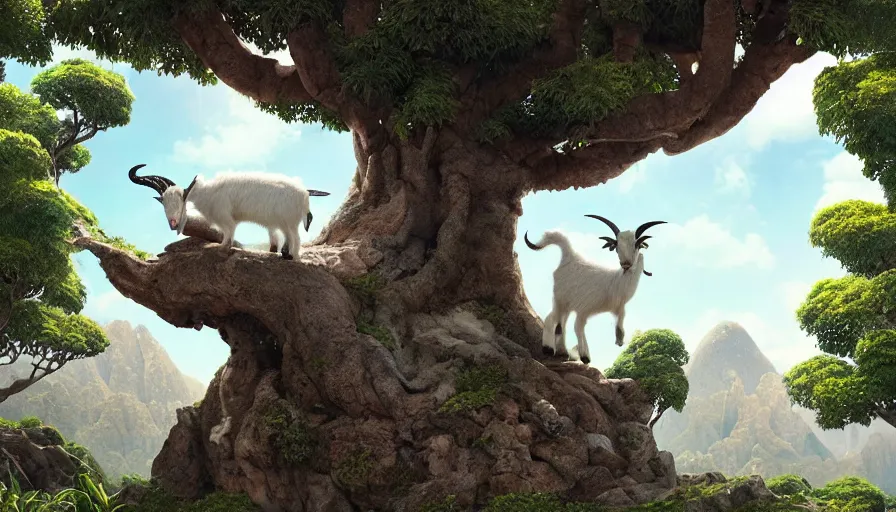 Image similar to very very small robotic goat, sitting on a gigantic dragon tree in socotra island by ilya kuvshinov, rtx rendering, octane render 1 2 8 k, maya, extreme high intricate details by tom bagshaw, medium shot, close up shot, composition by sana takeda, lighting by greg rutkowski