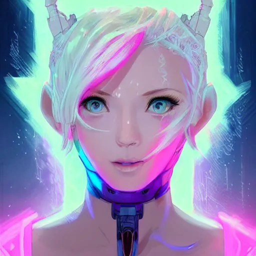 Prompt: portrait of a goddess elven mecha warrior princess, head and shoulders, blue hair, matte print, pastel pink neon, cinematic highlights, lighting, digital art, cute freckles, digital painting, fan art, elegant, pixiv, by Ilya Kuvshinov, daily deviation, IAMAG, illustration collection aaaa updated watched premiere edition commission ✨✨✨ whilst watching fabulous artwork \ exactly your latest completed artwork discusses upon featured announces recommend achievement