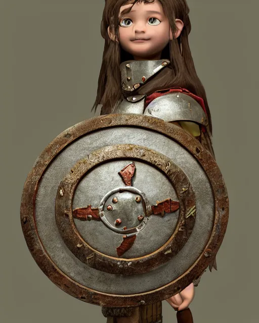 Image similar to a toy of a viking girl with her shield raised to defend, pixar style, authentic viking armor, historically accurate, clean detail, symmetrical, octane render, studio lighting