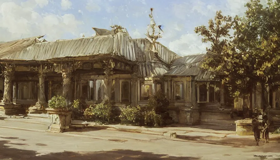 Image similar to straight one point perspective artwork painting of the storefront front of a building by eugene von guerard, ivan shishkin, john singer sargent