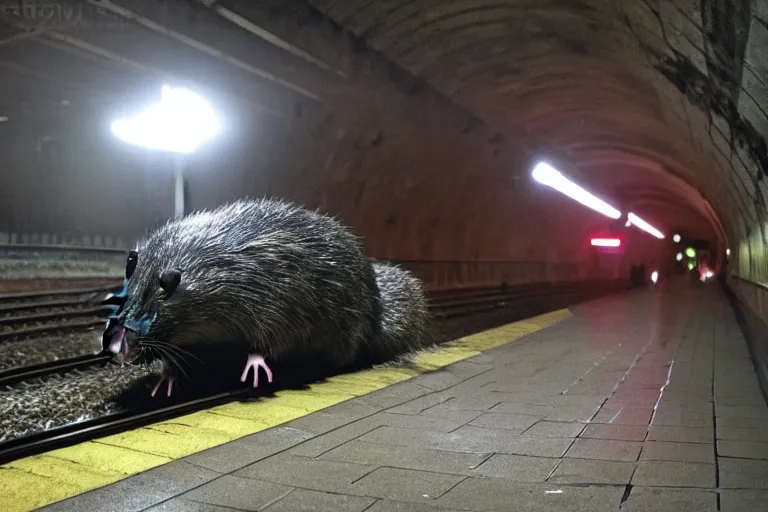 Image similar to very large giant mutant zombie irradiated ( angry rat ) staying on railways in tonnel of moscow subway. giant rat. 4 k, very realistic. extreme long shot, low dark light, scary mood, anish kapoor, herman nitsch.