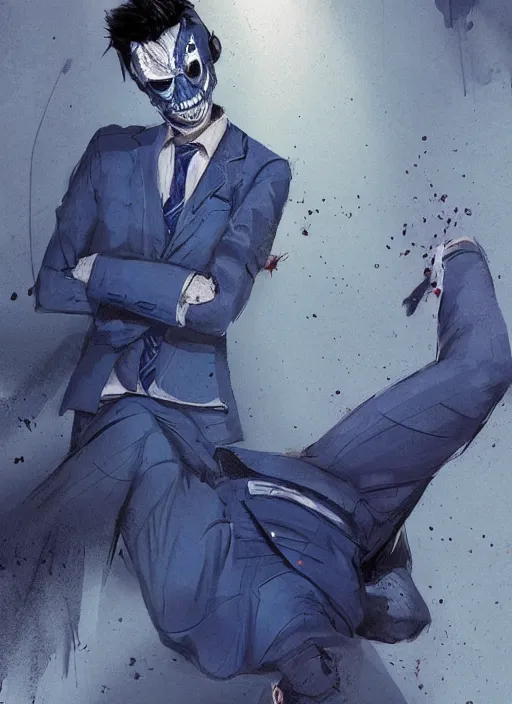 Prompt: a lawyer in a blue business suit as a dead by daylight killer, concept art by Greg Rutkowski