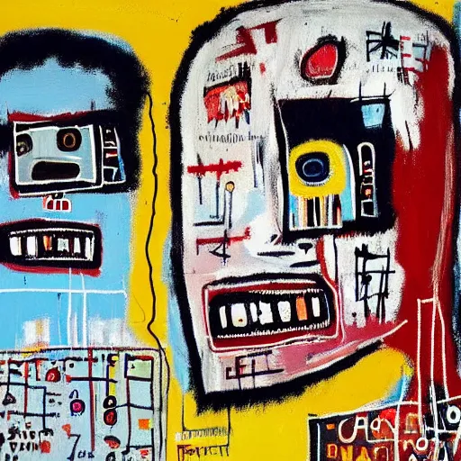 Prompt: a Painting by Jean Michel Basquiat about facebook and social media, detailed