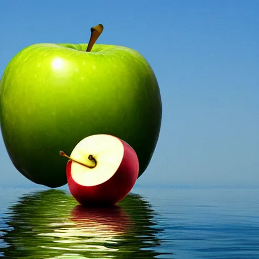 Prompt: giant apple floating above the ocean