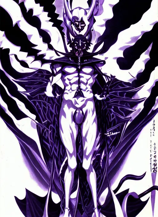 Image similar to shin megami tensei art of a demon called gigachad, art by kazuma kaneko, demonic! compedium!, law aligned, digital drawing, white background, very high quality, very highly detailed